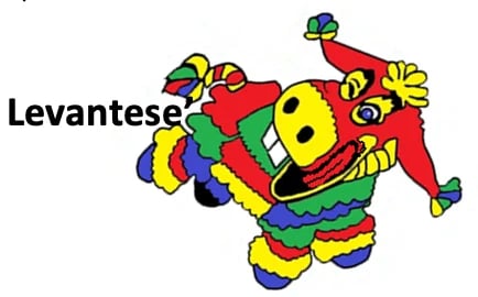 Colorful cartoon clown character labeled Levantese with red outfit, yellow face, and rainbow-colored ruffles