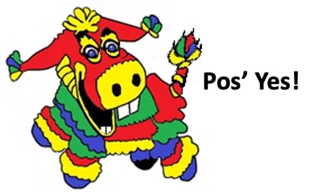 Colorful cartoon character with red body, yellow face, and multicolored limbs, with text Pos Yes!