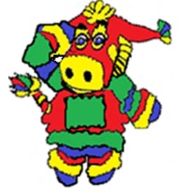 Colorful toy clown doll with yellow spiked hair, smiling face, and bright red, green, yellow, and blue clothing