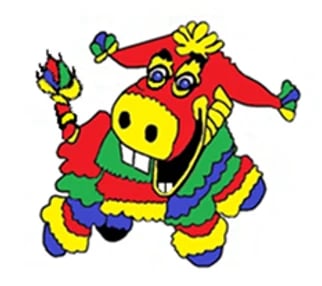 Colorful cartoon character with a yellow smiley face, red body, and multi-colored limbs waving arms
