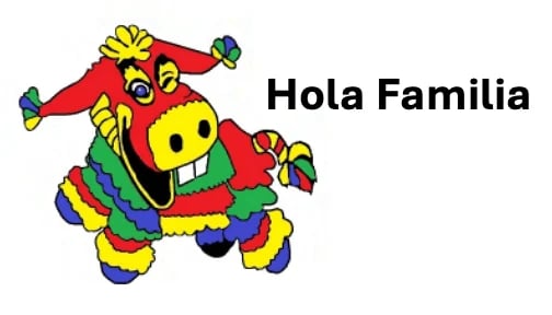 Colorful cartoon character with a smiling face wearing red, yellow, and blue clothing, next to text reading Hola Familia